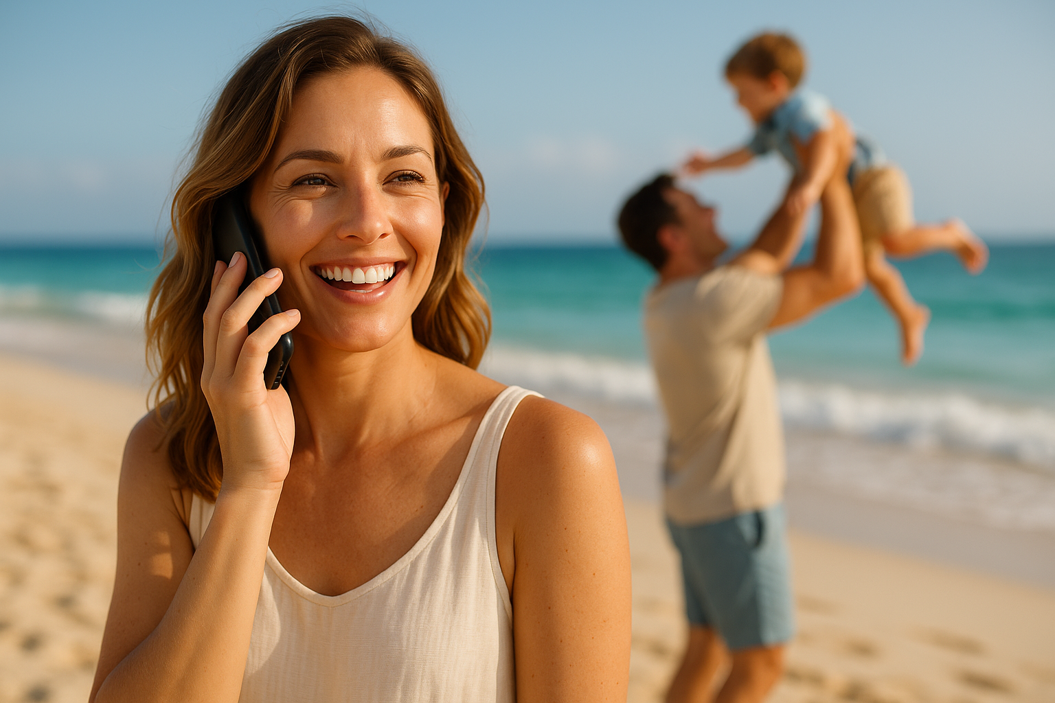 Persona en viaje sonriendo mientras hace una llamada