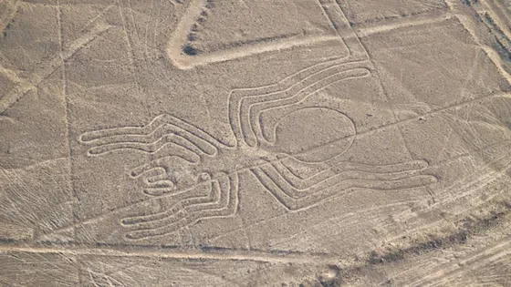 Línea de Nazca de la araña, un geoglifo gigante en el desierto de Perú. Turismo arqueológico, civilización Nazca y sobrevuelos panorámicos